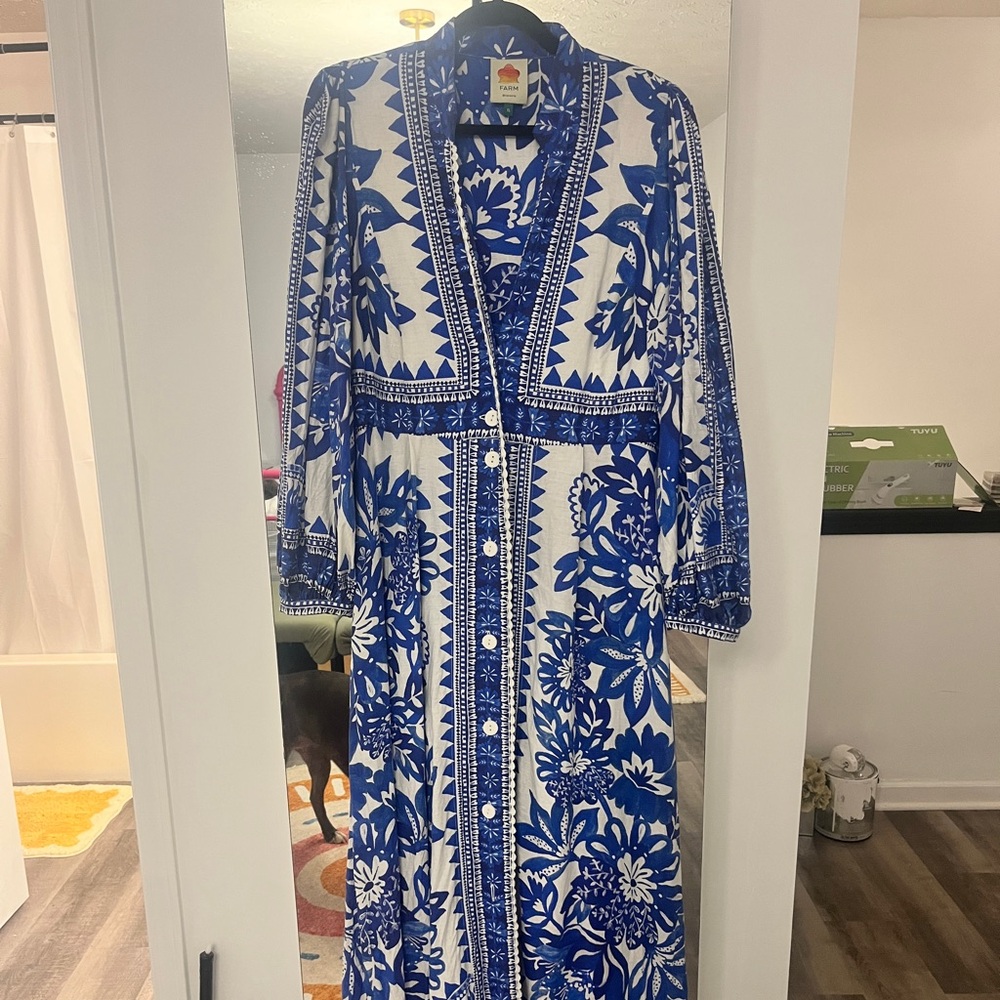 Farm Rio Blue and White Floral Maxi Dress